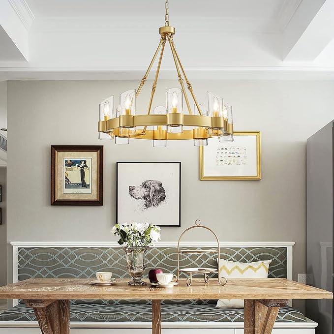 WUZUPS Wagon Wheel Chandelier 8-Light with Clear Glass Industrial Modern Farmhouse Round Light Fixture for Dining Room Kithen Island Foyer, Width 26" Height 22", Gold