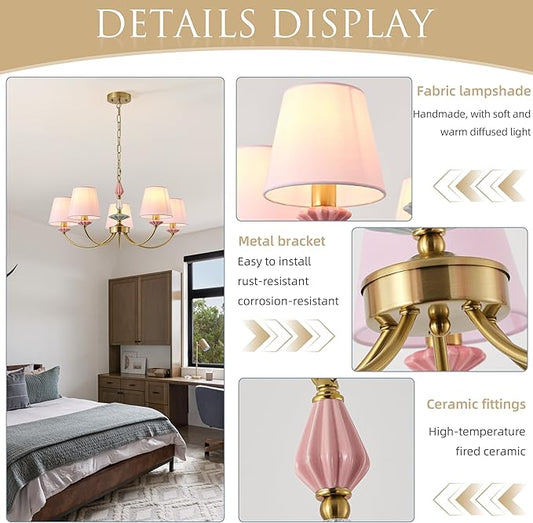 Pink Chandelier for Bedroom Light Fixture, Brushed Gold Art Deco Chandelier with Fabric Shade,Antique Modern Chandeliers paired with Ceramic for Girls Bedroom,Living Room,Dining Room
