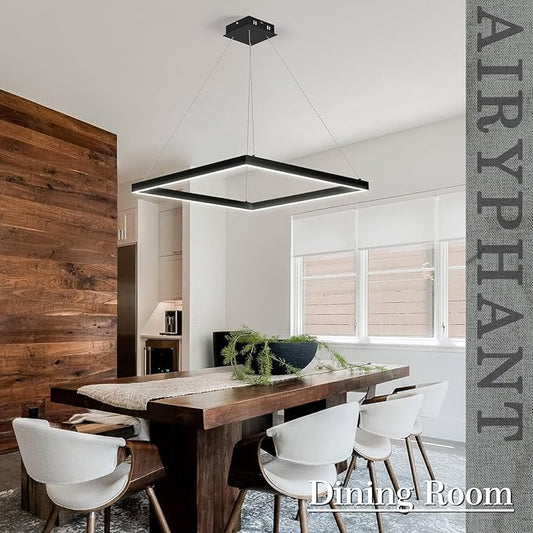 Modern 24" Square LED Chandelier, Black Linear LED Chandelier for Dining Room Dimmable Flush Mount Pendant Light for Living Room Kitchen Office, 3000-6500K