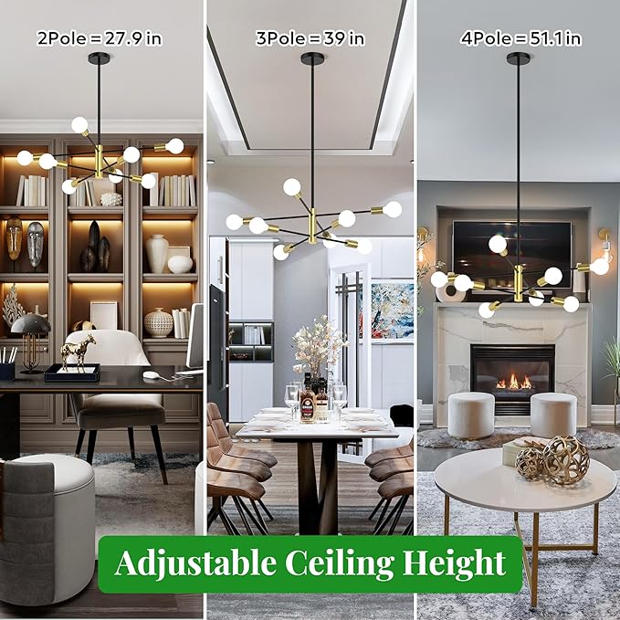 Sputnik Chandelier 8-Light, Mid Century Modern Height Adjustable Ceiling Light Fixture for Dining Room, Kitchen Island, Living Room,Bedroom-Black and Gold