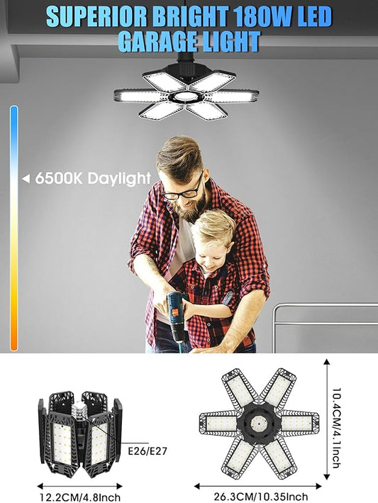 8 Pack LED Garage Light - 180W 18000LM 6500K Shop Lights, Garage Lights Ceiling LED with 6 Deformable Panels, Screw in E26/E27 Bulb Socket Lighting for Workshop Basement Barn Gym Warehouse