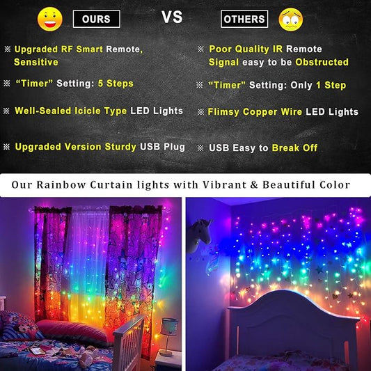 Rainbow Fairy String Curtain Lights with Remote, Twinkle LED Ombre Light Curtain for Girls Room, Kid's Bedroom, Teen Room, Unicorn Theme, Party, Easter Décor Gift (Rainbow)