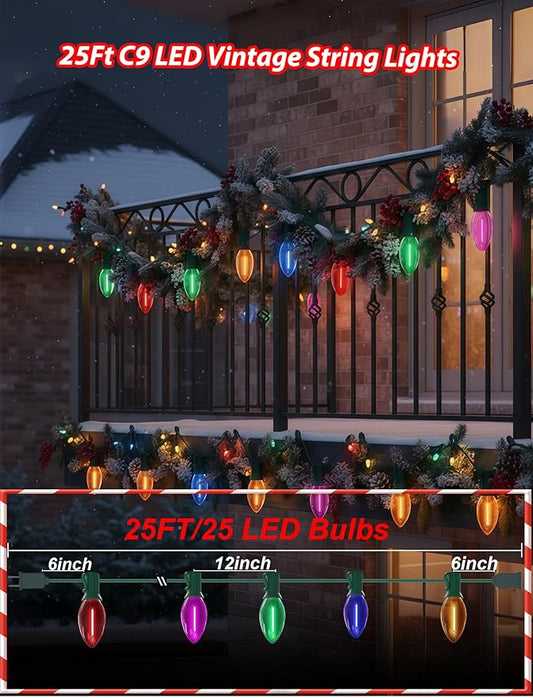 C9 LED Christmas Lights Outdoor,25FT Multicolored Christmas Lights with 26 Colorful Clear Multicolor LED Bulbs,Connectable Old Fashioned Xmas light for Garden Patio Xmas Tree Party Home Decor