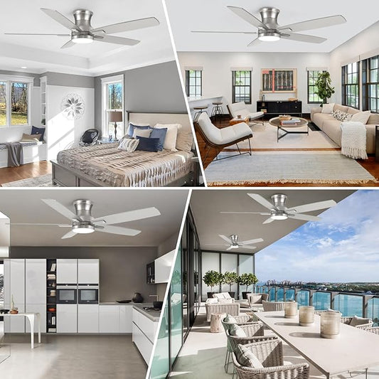 52 Inch Flush Mount Brushed Nickel Ceiling Fan with Light and Remote Control.Noiseless,Dimmable,3CCT,6 Speeds Reversible, Low Profile DC Ceiling Fans for Indoor or Covered Outdoor Use,ETL Listed