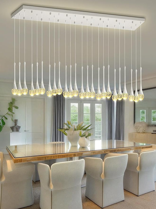 24-Lights Raindrop Chandeliers for Dining Room, Chrome Rectangular Pendant Lights Fixture,Teardrop Pendant Lights Kitchen Island, Adjustable Rectangular Chandelier for Entryway Foyer High Ceiling