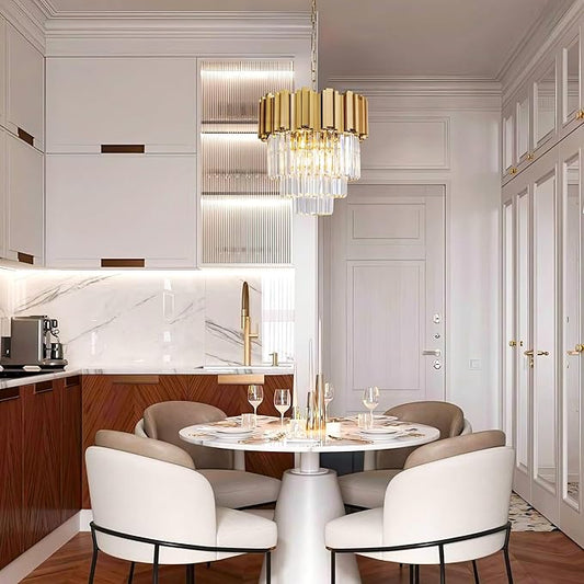 3-Tier 15.8" Modern Gold Crystal Chandelier, 5-Light Round K9 Crystal Pendant Light Fixture for Dining Room, Kitchen Island, Bedroom, Living Room, Foyer, Entryway
