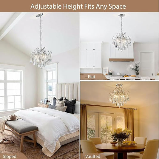 Modern Crystal Chandelier Ceiling Light Fixture, 4-Light Pendant Ceiling Hanging Lamp for Dining Living Room Bedroom Kitchen, 16" Chrome Chandelier