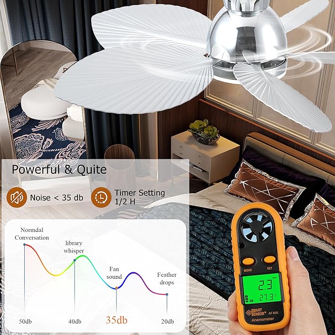 GJeg Tropical Ceiling Fans with Light, 38-inch Flush Mount Palm Leaf Ceiling Fans for Bedrooms, Indoors and Outdoors, Remote Control/APP Control, 6-Speed, Dimmable, Reversible,Chrome