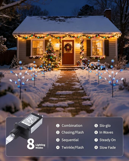 Brightown Snowflake Pathway Lights, 4 Packs Christmas Yard Decor, Small Christmas Tree with Lights, Blue and White