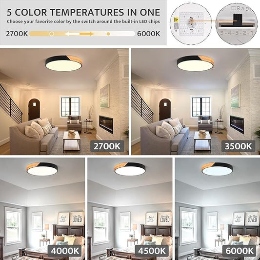 Modern Dimmable LED Ceiling Light, Minimalist Wood Style 5CCT 2700K-6000K Flush Mount Ceiling Light Fixture, Round Lighting Lamp for Bedroom Living Room Dining Room Laundry, Black, 15.8"