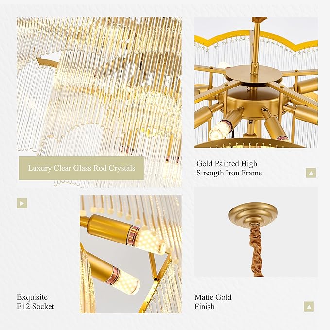 27.75" Gold Clear Glass Crystal Chandelier 14-Light Modern Crystal Pendant Ceiling Light Fixture 4-Tier Luxury Glass Chandeliers,for Dining Room Kitchen Island Living Room Bedroom
