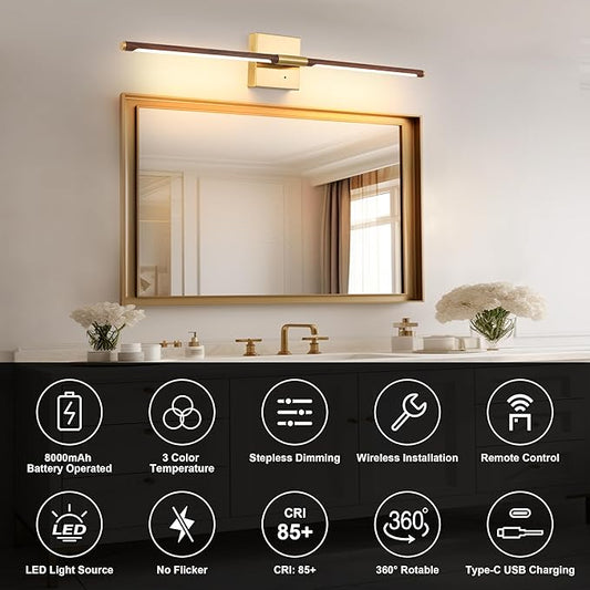 Morauroral 40″ Walnut Battery Operated Wall Sconces Set of Two, Dimmable Wall Sconce with Remote Control, Rechargeable Sconces Wall Lighting, LED Wireless Wall Lights for Bedroom, Living Room