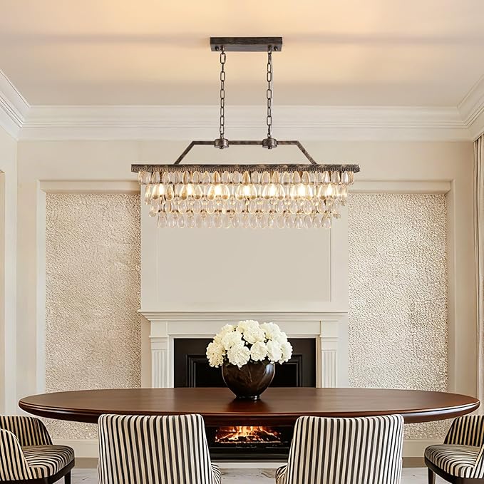 7PM Crystal Chandelier for Dining Room, 35 Inch Antique Bronze Chandelier, 7 Lights Rectangle Chandelier, Farmhouse Kitchen Island Lighting Hanging Light Fixture for Living Room, Entryway