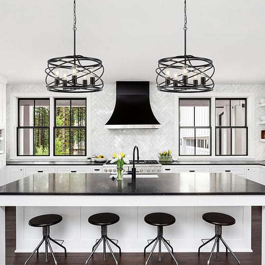 19.7'' Black Farmhouse Chandelier - 5-Light Industrial Drum Black Chandeliers for Dining Room Hanging Light Fixture for Entryway Kitchen Foyer Bedroom Living Room