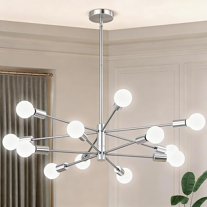 Sputnik Chandelier 12-Light, Mid Century Modern Height Adjustable Ceiling Light Fixture for Dining Room, Kitchen Island, Living Room,Bedroom-Brushed Nickel