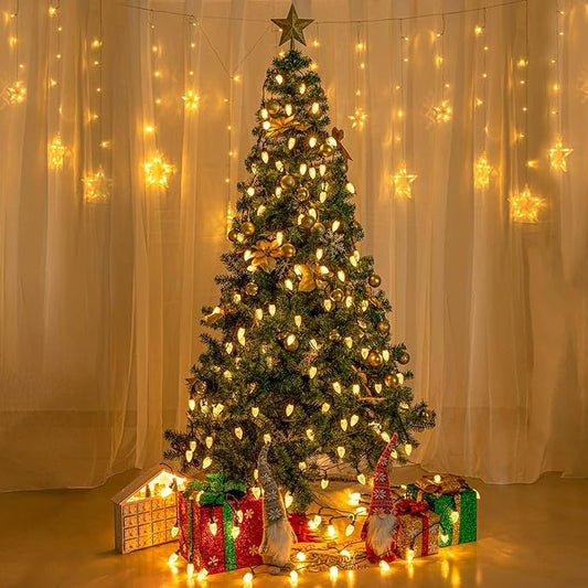AWQ 100LED 81 FT C9 Christmas String Lights Plug in Fairy Twinkle String Lights 8 Modes Timer Function Waterproof Extendable for Indoor Outdoor Wedding Party Christmas Decoration (100, Warm White)