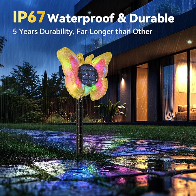 Solar Butterfly Lights Outdoor-Color-Changing 3D Glow-2-in-1 Wall & Ground-Butterfly Lights for Outside-Waterproof Garden Decorations for Patio Lawn Yard Fence Backyard Decor (1 Pack)