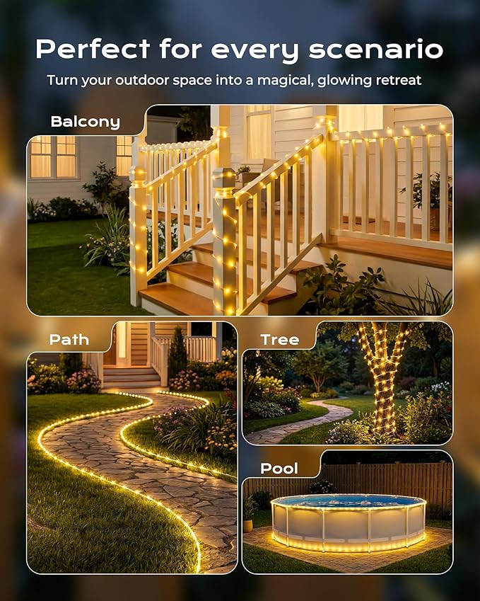 Brightown Solar Rope Lights, 1 Pack 39FT 100 LED Warm White Solar String Lights Outdoor, IP65 Waterproof Solar Powered Fairy Lights with 8 Lighting Modes for Yard Garden Patio Tree Decoration