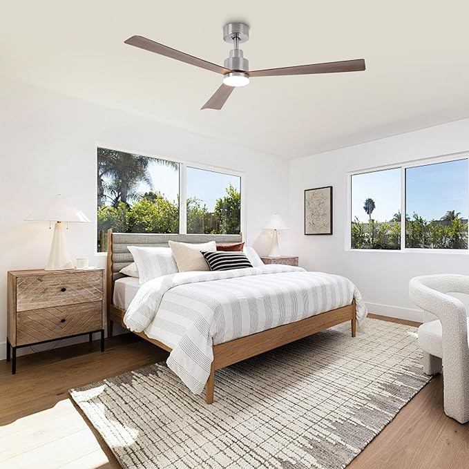 52" Nickel Ceiling Fan with Light and Remote, Modern 3-Blade DC Motor Ceiling Fan, Quiet Reversible Airflow, 6-Speed LED, Use for Bedroom Living Room Kitchen Indoor Use