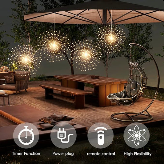SHUKAN 4 Pcs 800 LED Plug-in Starburst Sphere Lights, Firework Light 8 Modes Dimmable Remote Control Waterproof Hanging Fairy Light, Copper Wire Lights for Patio Party Tent Christmas (Warm White)