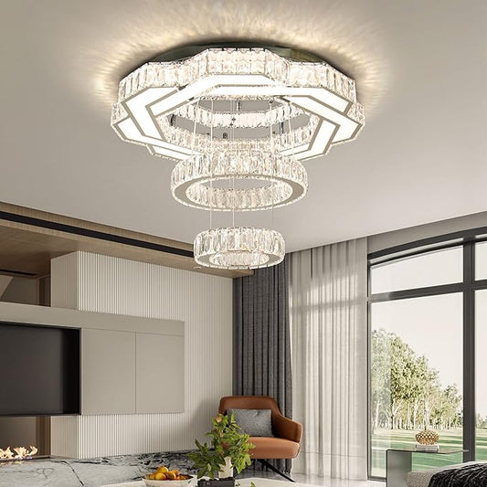 22.5" Modern Crystal Chandeliers Living Room Modern Crystal Ceiling Light 3 Color Change Pendant Light Flush Mount Chandelier for Bedrooms Dining Room Entryway Changeable