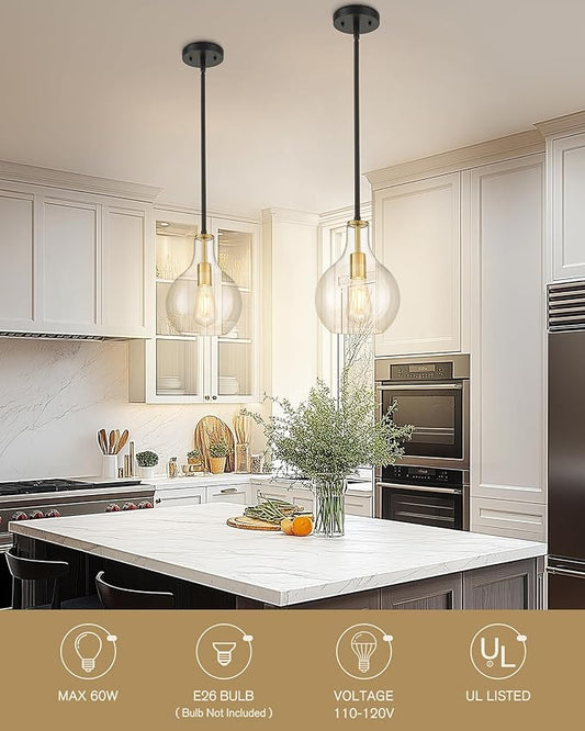 Emak 2 Pack Modern Pendant Lights Kitchen Island, Black and Gold Pendant Light Fixtures with Clear Glass Shade, Farmhouse Hanging Lights for Kitchen, Dining Room, Bathroom, PL125-BKBGD-CG-2PK