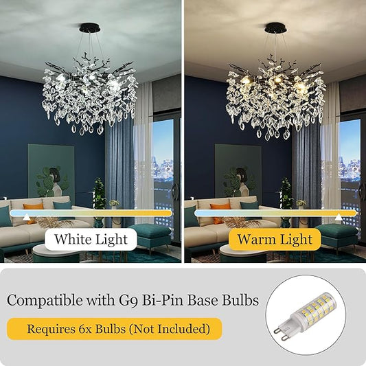 Modern Crystal Tree Branch Chandelier, Black Round Art Deco Pendant Light Raindrop Lighting Fixture for Dining Room Bedroom Foyer 6 Lights D18''