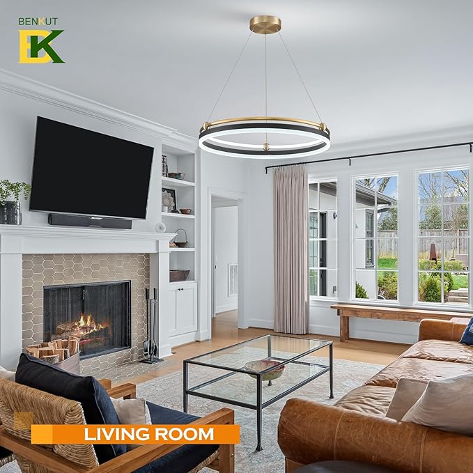 Benkut Modern LED Pendant Light 23.6" Black Gold Dimmable Circular LED Chandelier 1 Ring with Remote, Round Hanging Light for Kitchen Island Dining Room Living Room Foyer Entryway, 2-Ring Lighting
