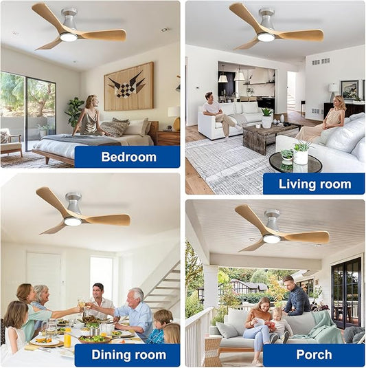 DLLT 42-Inch Ceiling Fans with Lights: Flush Mount Ceiling Fan 3 Blades for Indoor Outdoor - Dimmable Ceiling Fan with Remote APP Control Quiet DC Motor for Low Profile Bedroom