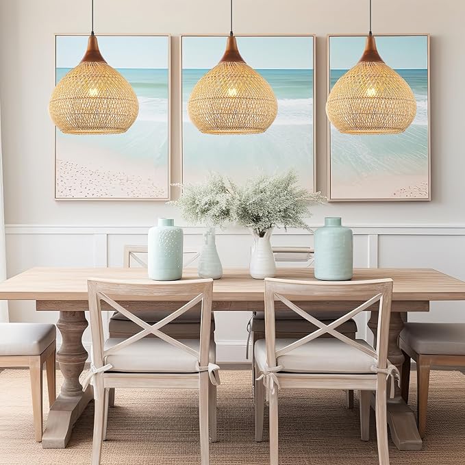 Rattan Pendant Light, 15.7" Rattan Chandelier Hand-Woven Boho Pendant Light Fixtures with Solid Wood, Basket Wicker Chandelier for Dining Room Kitchen Island Living Room