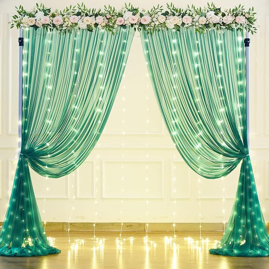 Hunter Green Tulle Backdrop Curtains with Lights String for Parites 10x10ft Sheer Backdrop Curtains Drapes for Birthday Party Bridal Shower Baby Shower Photo Booth Background Decorations