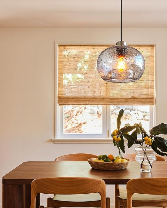 CASAMOTION Handblown Glass Pendant Lighting Drop Ceiling Lights, Modern Rustic Hanging Light Clear Seeded Glass with Black Marble, Brushed Nickel Finish, 8.7 Inch Diameter