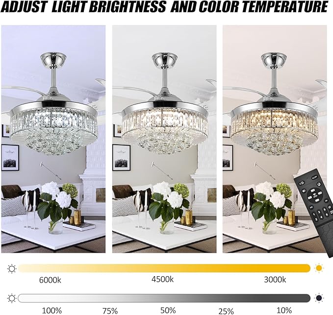 36" Invisible Ceiling Fan Chandelier Light,Modern Crystal Ceiling Fan Light Remote Control 4 Retractable ABS Blades for Bedroom Living Room Dining Room Decoration (Silver)