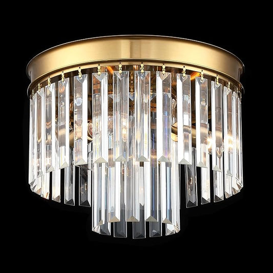 Crystal Flush Mount Ceiling Light Gold Finish 2-Tier Crystal Close to Ceiling Light Fixture for Living Room Bedroom Dinning Room Hallway