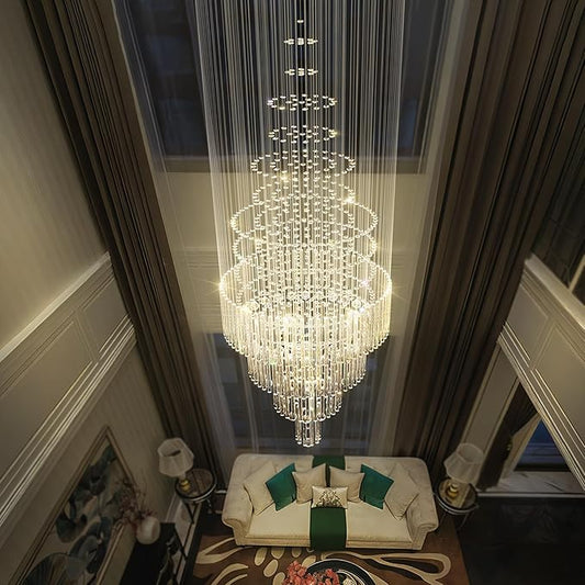 Flashing God D32''XH79'' Modern Foyer Chandelier for High Ceiling Raindrop Crystal Chandelier High Ceiling Pendant Light Fixture for Hallway Living Room Gold Stairwell Chandeliers