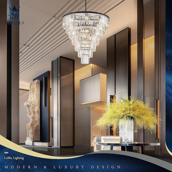 Large Black Crystal Chandelier 36" Round Chandeliers for Staircase Modern 22 Lights 7-Tier Luxury K9 Crystal Ceiling Pendant Lighting Fixture for High Ceiling Living Room Foyer