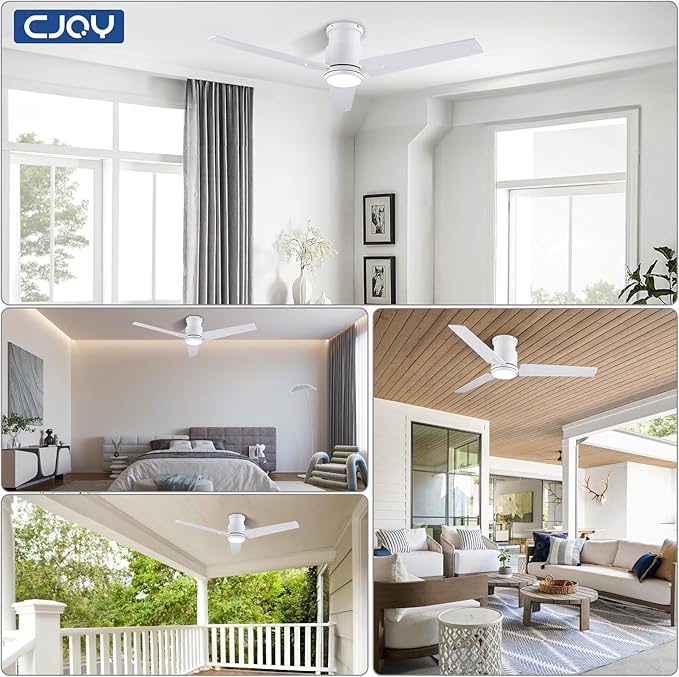 CJOY Ceiling Fan with Lights, 48 Inch Low Profile Ceiling Fans with Light and Remote, Reversible DC, Flush Mount, 3CCT,Dimmable, Modern Indoor/Outdoor Design for Bedroom, Living Room, Patio, Kitchen