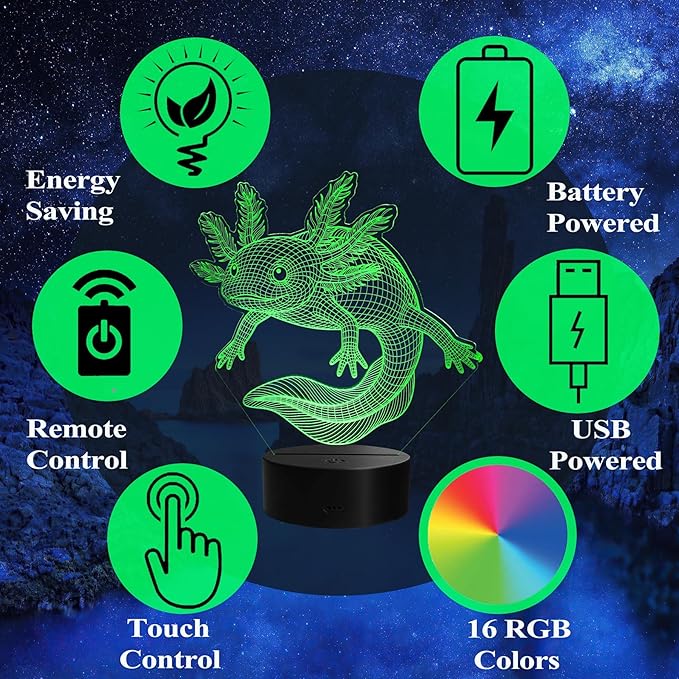Axolotl Night Light, Axolotl Gifts, 3D Illusion Lamp with Remote Control, 16 RGB Colors, 4 Flashing Modes, Timer, Dimmable, Axolotl Toys Stuff for Decor for Holiday Birthday Christmas