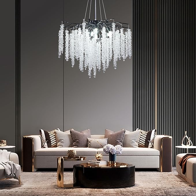 Crystal Tree Branches Chandeliers Luxury Round Raindrop Pendant Light Fixture 8 Light Ceiling Hanging Light for Dining Room Bedroom Living Room Entryway 23.7" Black