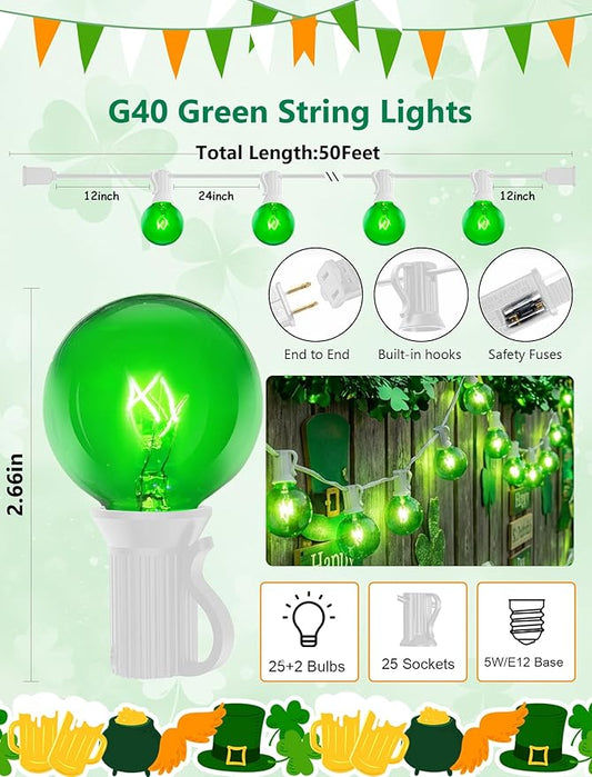 50Ft St. Patrick's Day G40 Outdoor String Lights, G40 Globe Patio String Lights Waterproof with 27 Green Incandescent Bulbs, Connectable Hanging Light for Backyard Porch Balcony St Patricks Day Decor