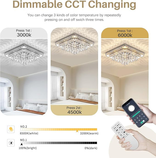 COCOSTAR 24 inch Crystal Flush Mount Chandelier Remote/APP, Modern Raindrop LED Ceiling Light, 3CCT Dimmable & Brightness Adjustable,Elegant Chandeliers for Bedroom Hallway Dinning Room Living Room