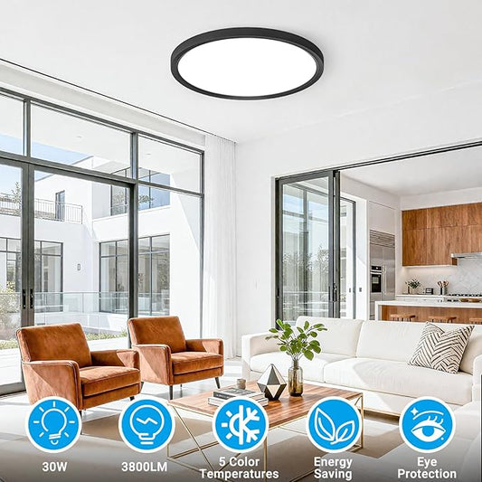 2 Pack LED Flush Mount Ceiling Light,15Inch 30W,3000K/3500K/4000K/5000K/6500K 5 Color Temperatures Ceiling Light Fixture for Kitchen Porch Hallway Bedroom Bathroom and Closet,Black