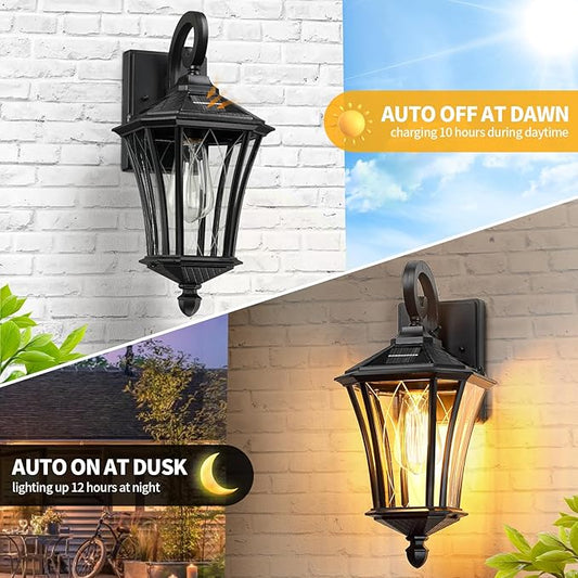 YSN 16" Solar Wall Lights Outdoor, Dusk to Dawn Exterior Lighting Fixtures, Black Solar Porch Lights Outdoor Sconce Lights, Waterproof Outside Light for House Porch Garage Yard, 1 Pack