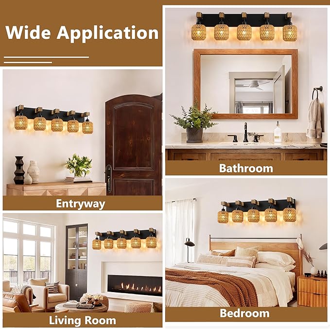 LmnLvn 36" Boho Bathroom Light Fixture, 5-Light Farmhouse Vanity Light, Rattan Bathroom Light Fixture Over Mirror Rustic Vanity Lighting with Handwoven Shades, Suit for Restroom, Bedroom, Hallway