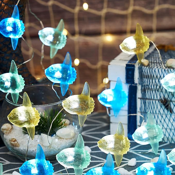 Sea Life Decor Ocean Fish String Lights Indoor Outdoor Mola Sunfish Nautical Theme Ocean Beach Decorative Lights Cute Marine Life Fairy Lights 30LED 10ft Battery Operated for Bedroom Garden Camp Tent