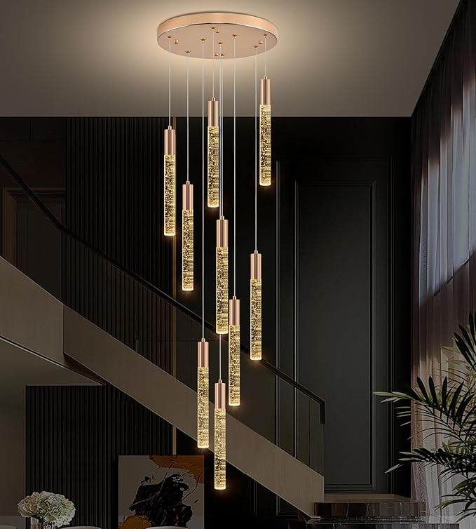 Modern High Ceiling Crystal Chandelier 9-Lights, Gold Spiral LED Raindrop Foyer Pendant Lighting, Bubble Staircase Living Room Hanging Light Fixture Flush Mount