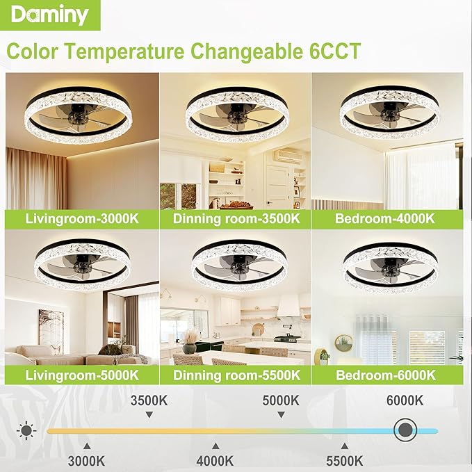 DAMINY 20inch White Ceiling Fans with Lights and Remote, 6CCT, Dimmable Smart Low Profile Ceiling Fan with Light, 6 Speeds Flush Mount Modern Bladeless Ceiling Fan for Bedroom