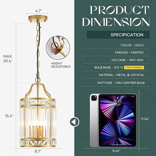 Modern Gold Pendant Island Light Fixtures for Kitchen, Luxury Elegant Crystal Small 4-Light Chandeliers for Dining Room, Industrial Cage Hanging Ceiling Lighting for Bedroom Foyer Hallway