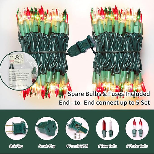 LAMPHOME Super-Bright Extendable Warm White Green red Christmas Lights Decoration 100Lights 19.6ft UL Certified Mini Bulb String Lights for Outdoor Christmas Tree Garden Patio Wedding Decor