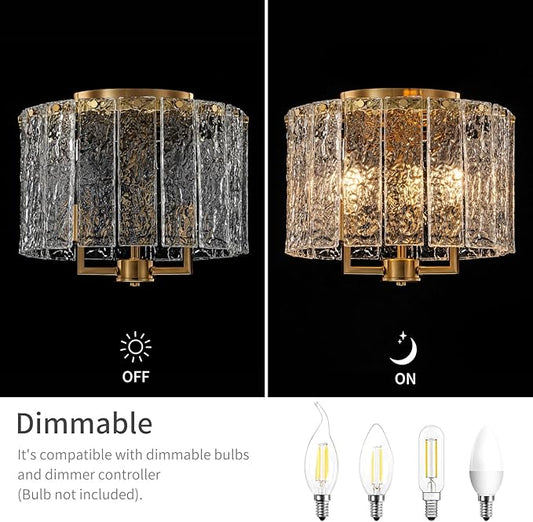LumFurn 3-Light Modern Ceiling Light for Living Room, Bedroom, Foyer, Kitchen, Close to Ceiling Flushmount Light Fixture, D12.6 x H10.4 in, Handmade Glass Shade & Gold Finish Frame